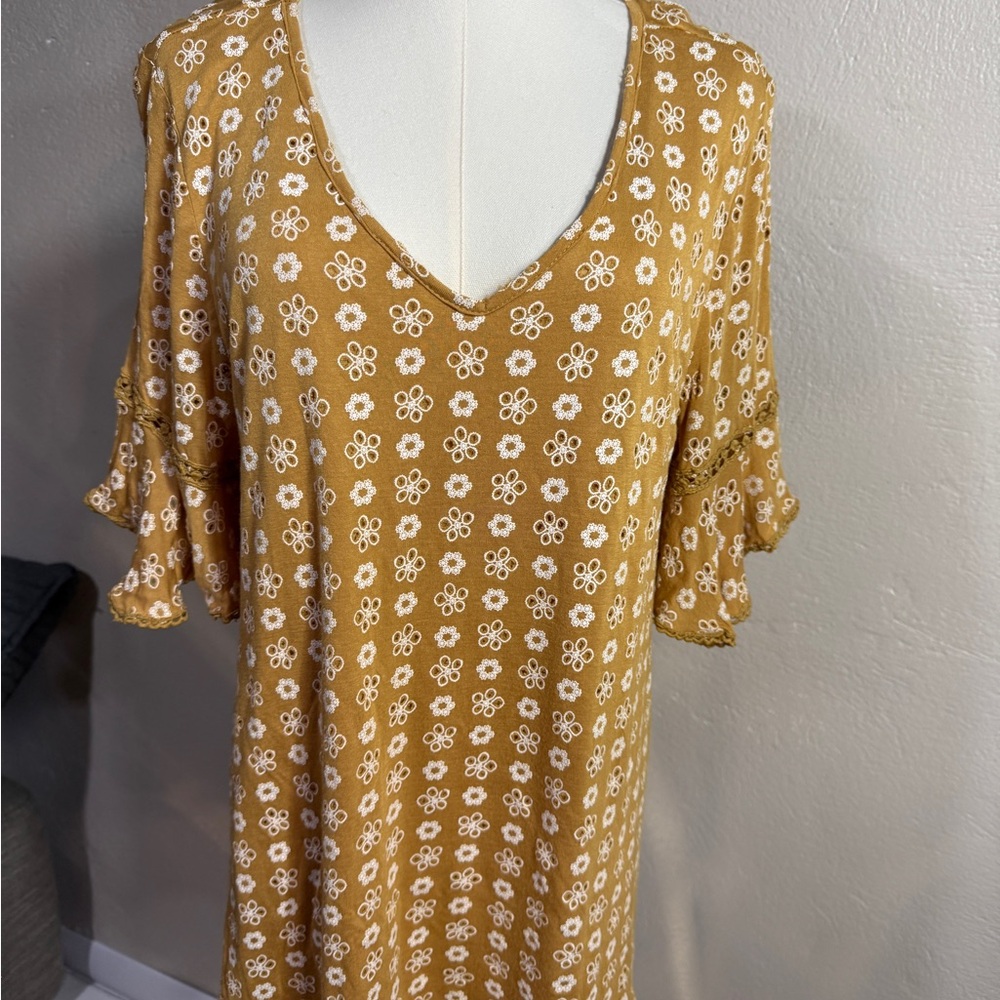 Stem & Vine Mustard Floral Ruffle Sleeve Tunic Top – Size XL